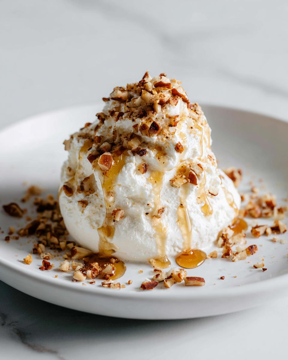 A mound of creamy whipped goat cheese drizzled with honey and topped with chopped nuts on a white plate.