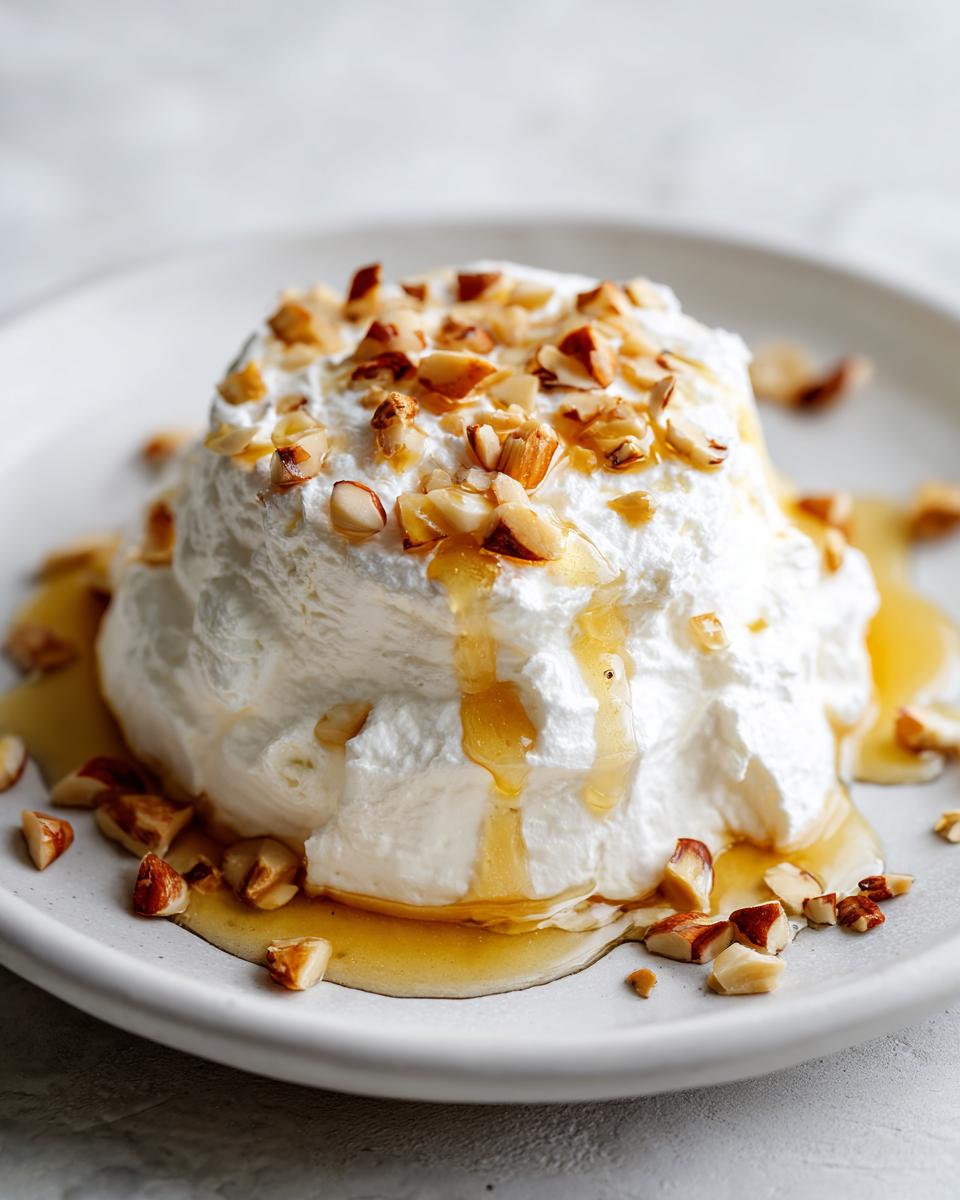A mound of fluffy whipped goat cheese drizzled with honey and topped with chopped toasted nuts.