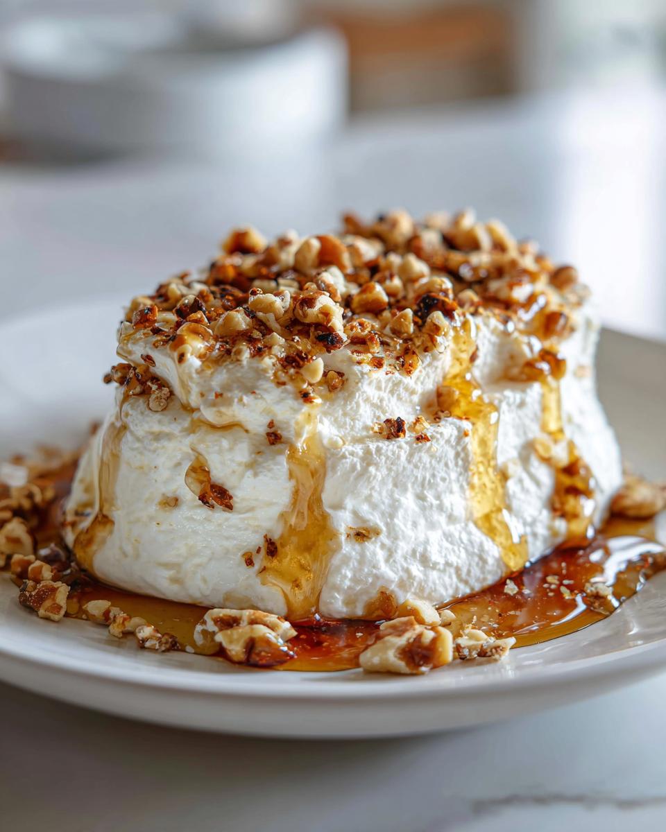 A mound of creamy whipped goat cheese drizzled with honey and topped with chopped nuts.