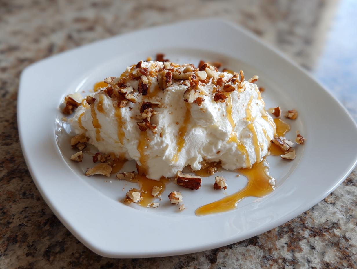 A serving of light and fluffy whipped goat cheese topped with chopped nuts and drizzled with honey or caramel.