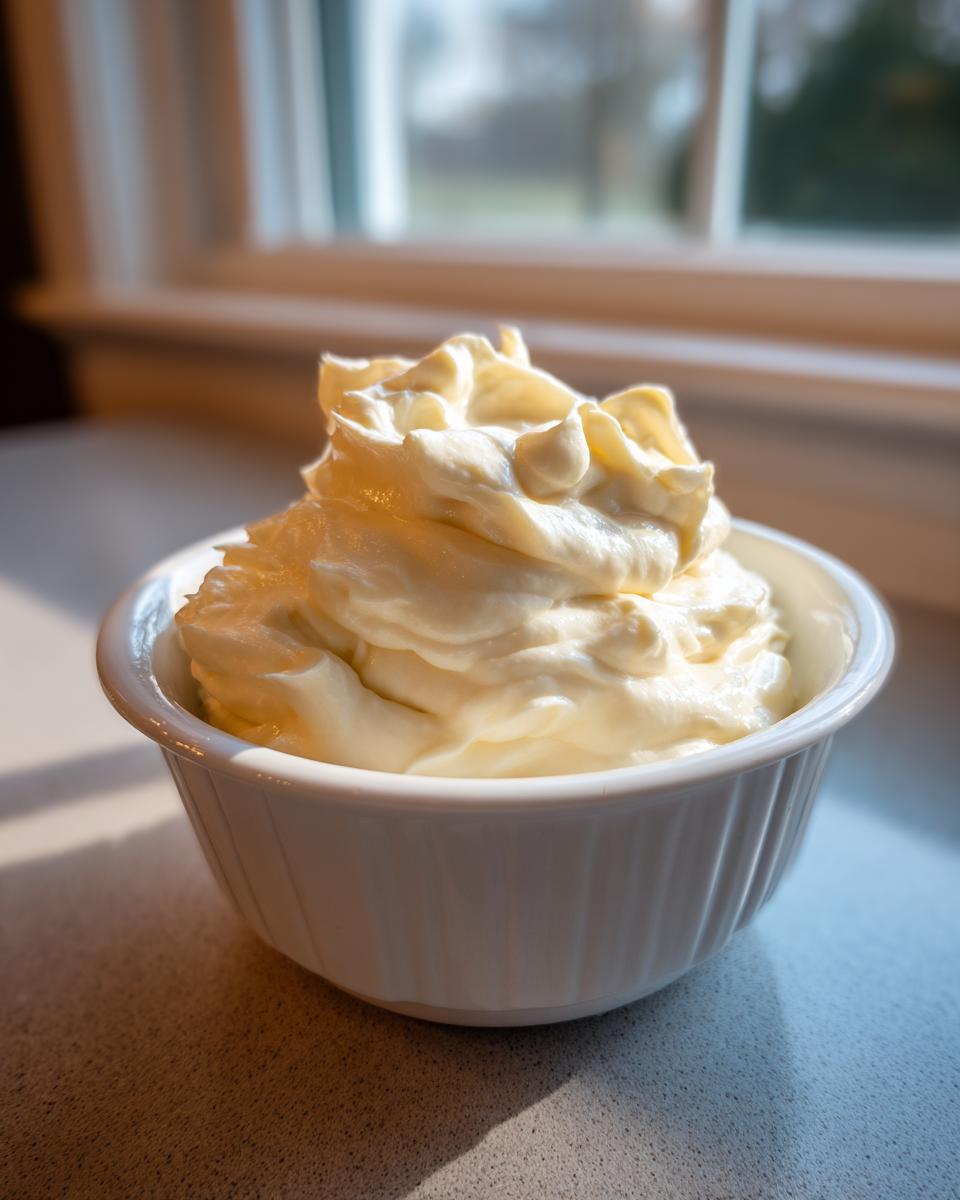 A small white bowl filled with freshly whipped, creamy homemade mayonnaise, beautifully lit by a window.