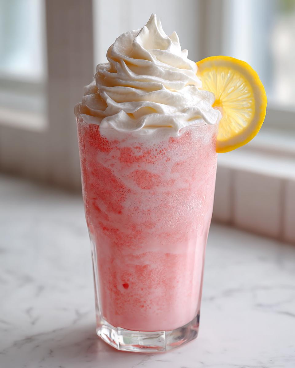 A tall glass of blended, frothy pink lemonade topped with whipped cream and a lemon slice.