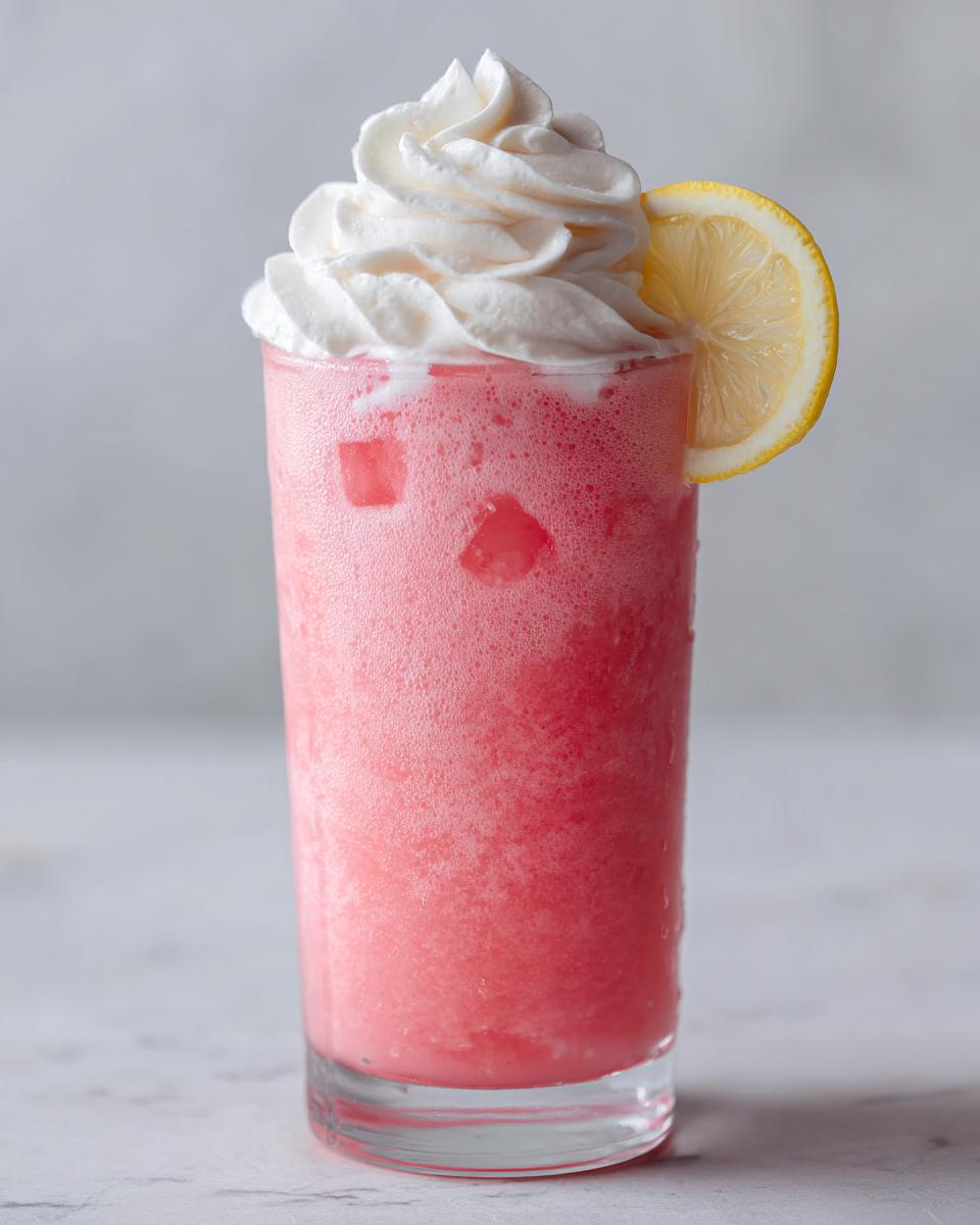 A tall glass filled with frothy, bright pink lemonade, topped with whipped cream and a lemon slice.