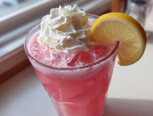 Close-up of a tall glass filled with bubbly pink lemonade, topped with whipped cream and garnished with a fresh lemon slice.