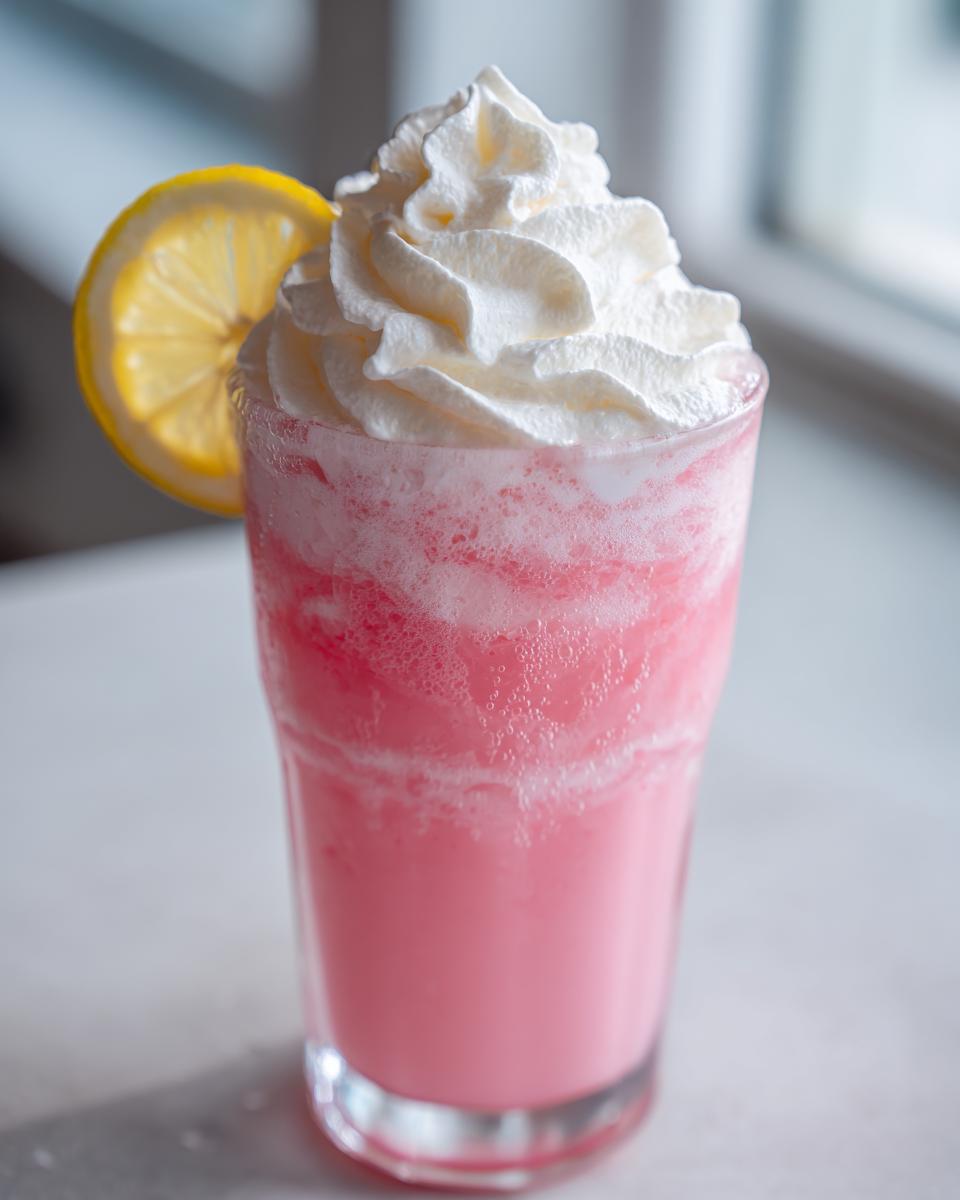 A tall glass filled with frothy, bright pink lemonade topped with a swirl of whipped cream and a lemon slice.