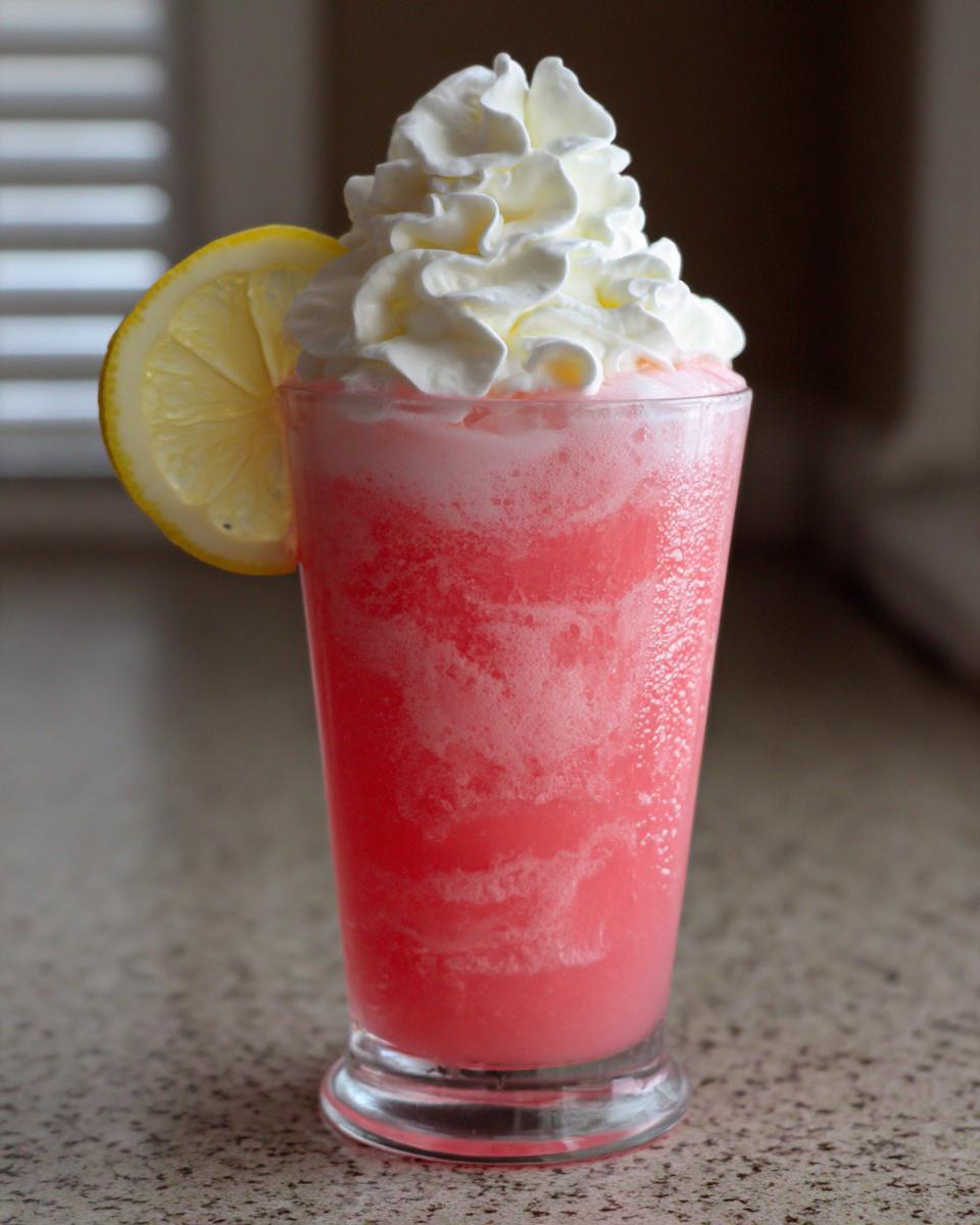 A tall glass filled with icy, bright pink lemonade topped with a swirl of whipped cream and a lemon slice.