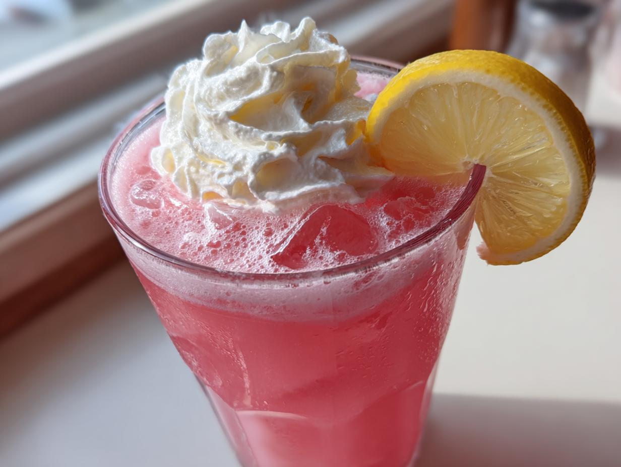 Close-up of a tall glass filled with bubbly pink lemonade, topped with whipped cream and garnished with a fresh lemon slice.