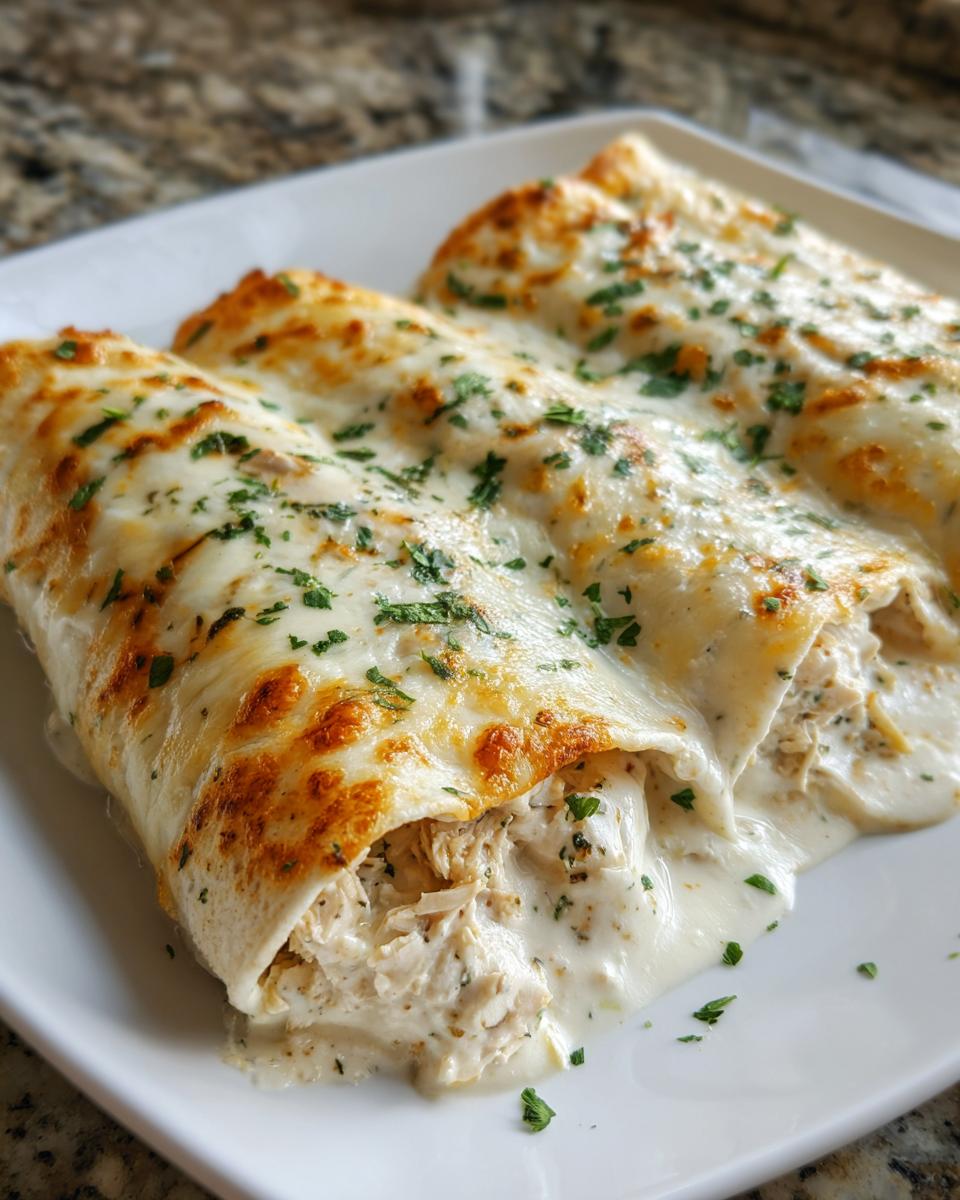 Close-up of three delicious white chicken enchiladas covered in melted cheese and parsley on a white plate.