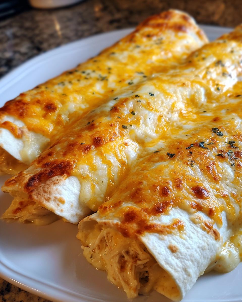 Close-up of three baked white chicken enchiladas smothered in melted white and cheddar cheese.