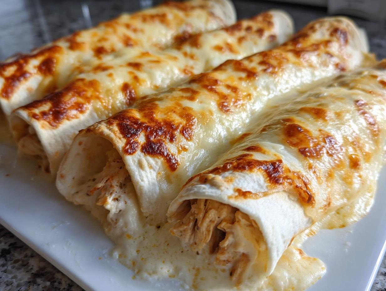 Close-up of three rolled white chicken enchiladas covered in bubbly, browned cheese sauce.