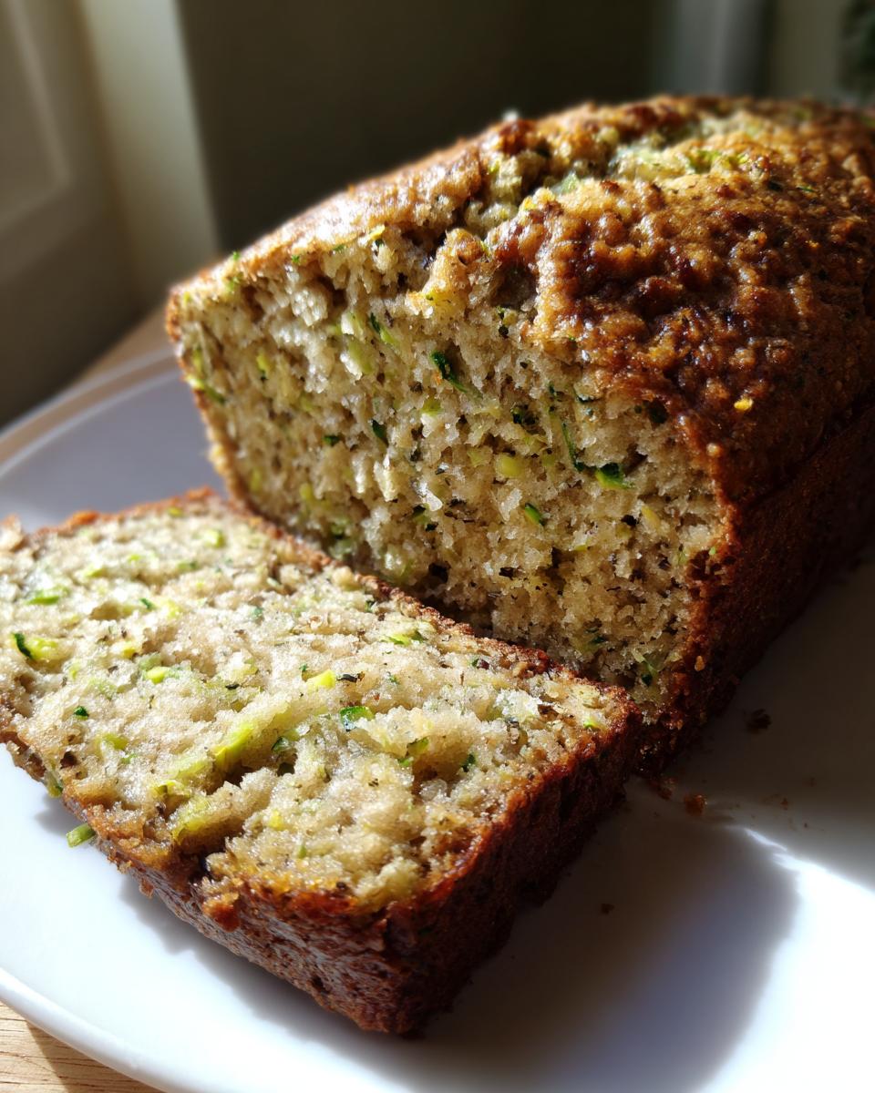 Close-up of a freshly baked zucchini banana bread loaf with one slice cut and resting beside it.