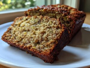 Close-up of two slices of moist zucchini banana bread showing green zucchini shreds in the crumb.