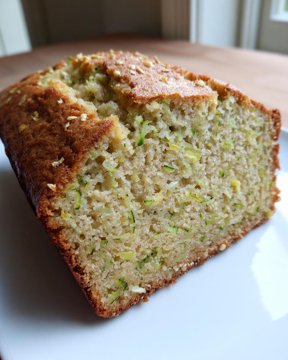 Close-up of a moist slice of zucchini banana bread showing shredded zucchini throughout the crumb.