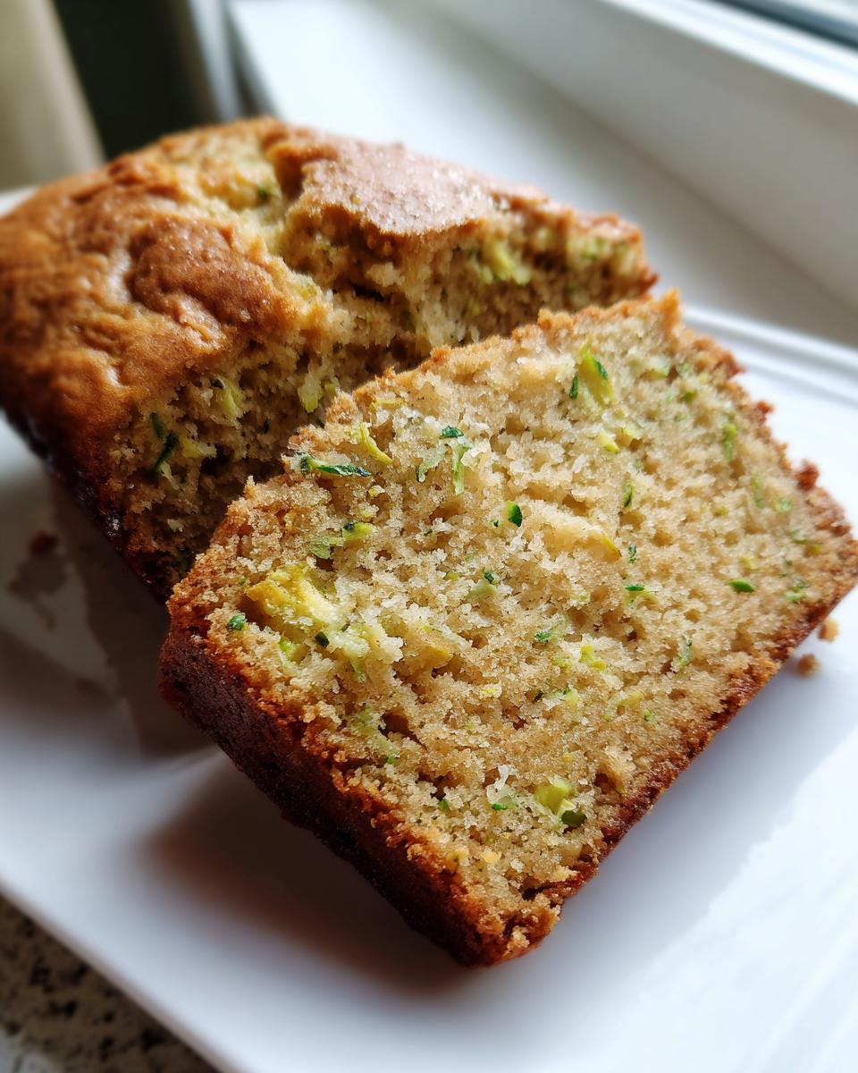 Close-up of a slice of moist zucchini banana bread showing green shreds of zucchini throughout the crumb.