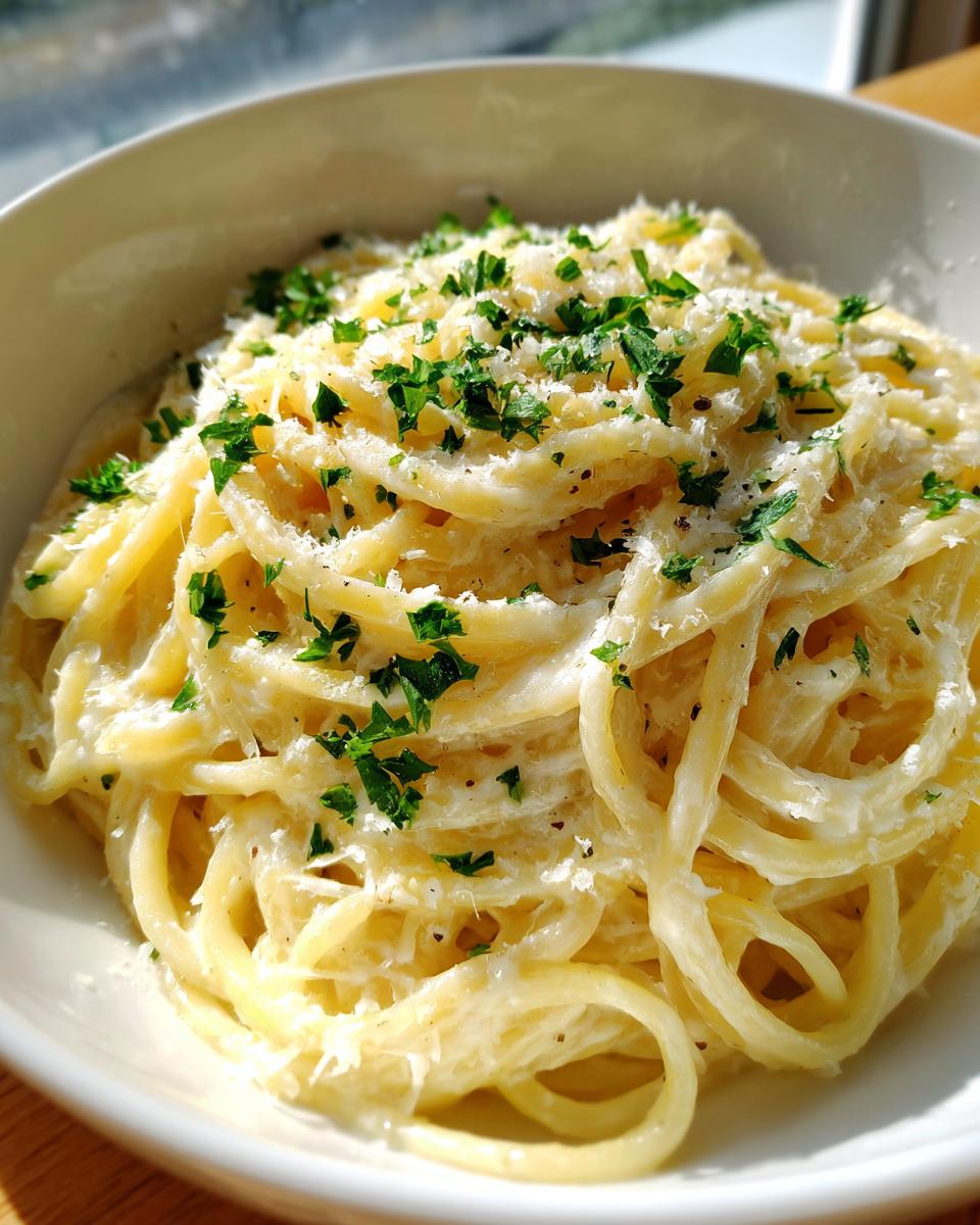 Close-up of creamy spaghetti coated in a rich garlic parmesan sauce, topped with grated cheese and fresh parsley.