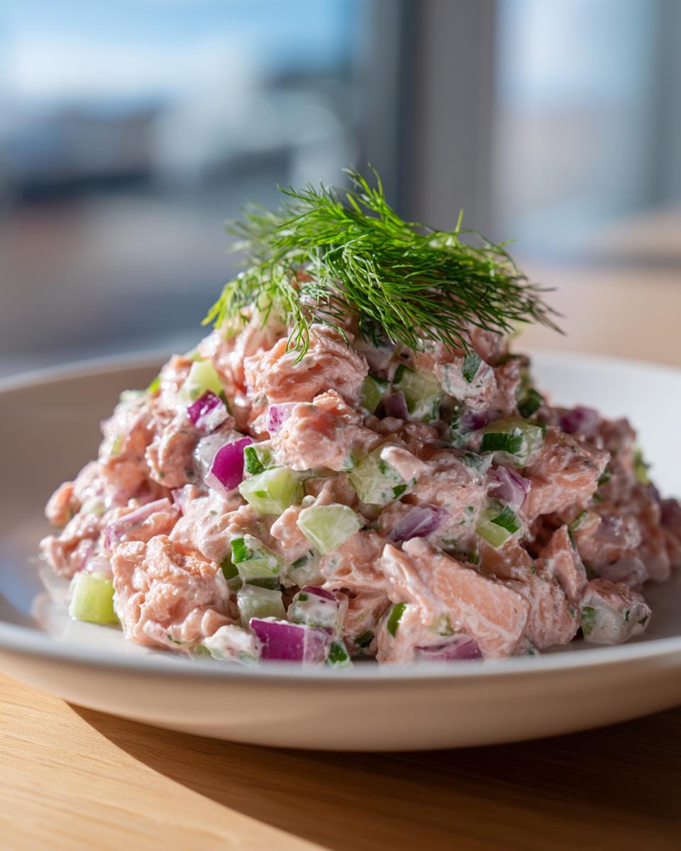 A mound of creamy salmon salad mixed with diced cucumber and red onion, topped with fresh dill.