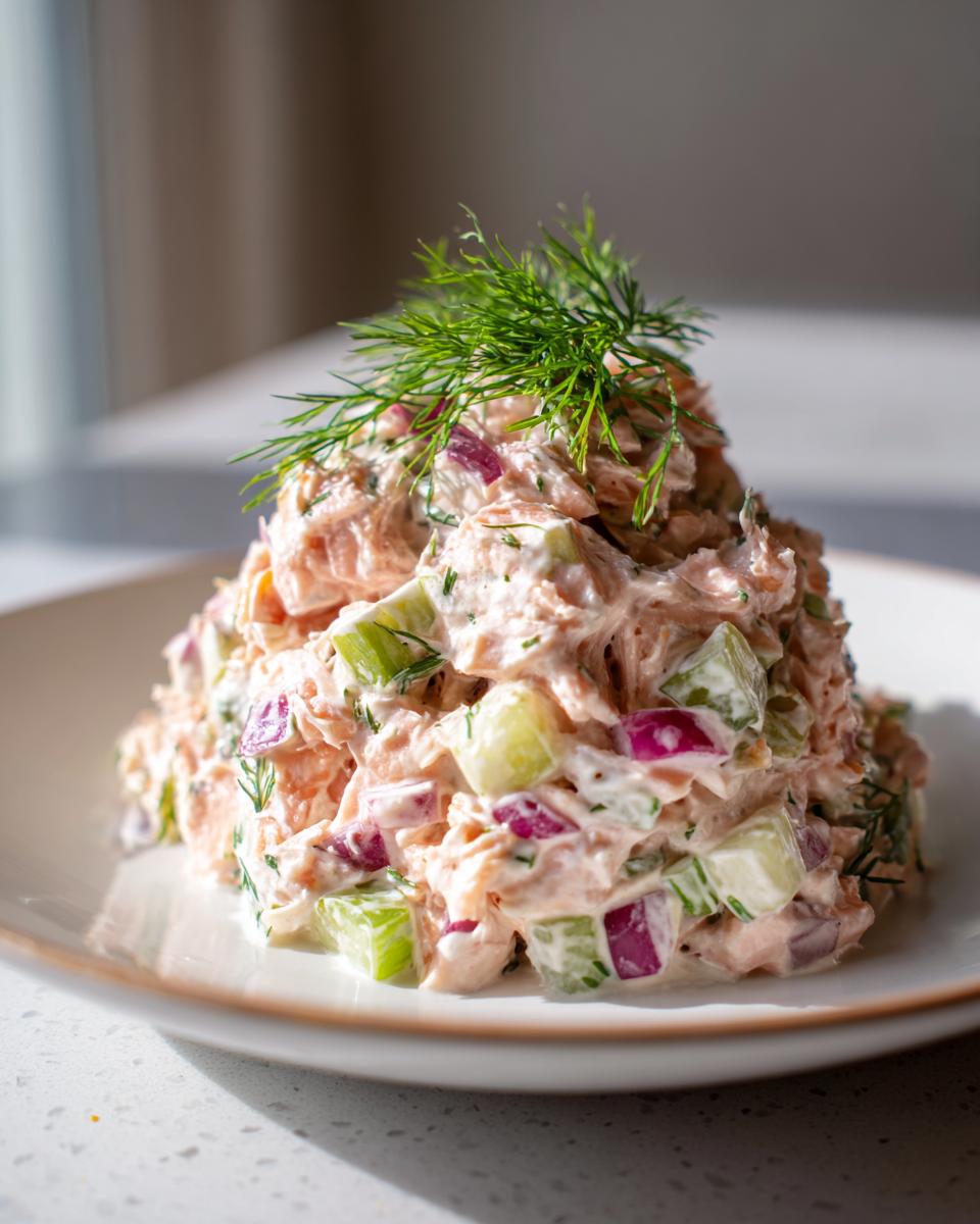 A fresh mound of creamy salmon salad mixed with diced cucumber and red onion, topped with fresh dill.