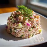 A mound of creamy salmon salad mixed with red onion and celery, topped with fresh dill, served on a white plate.