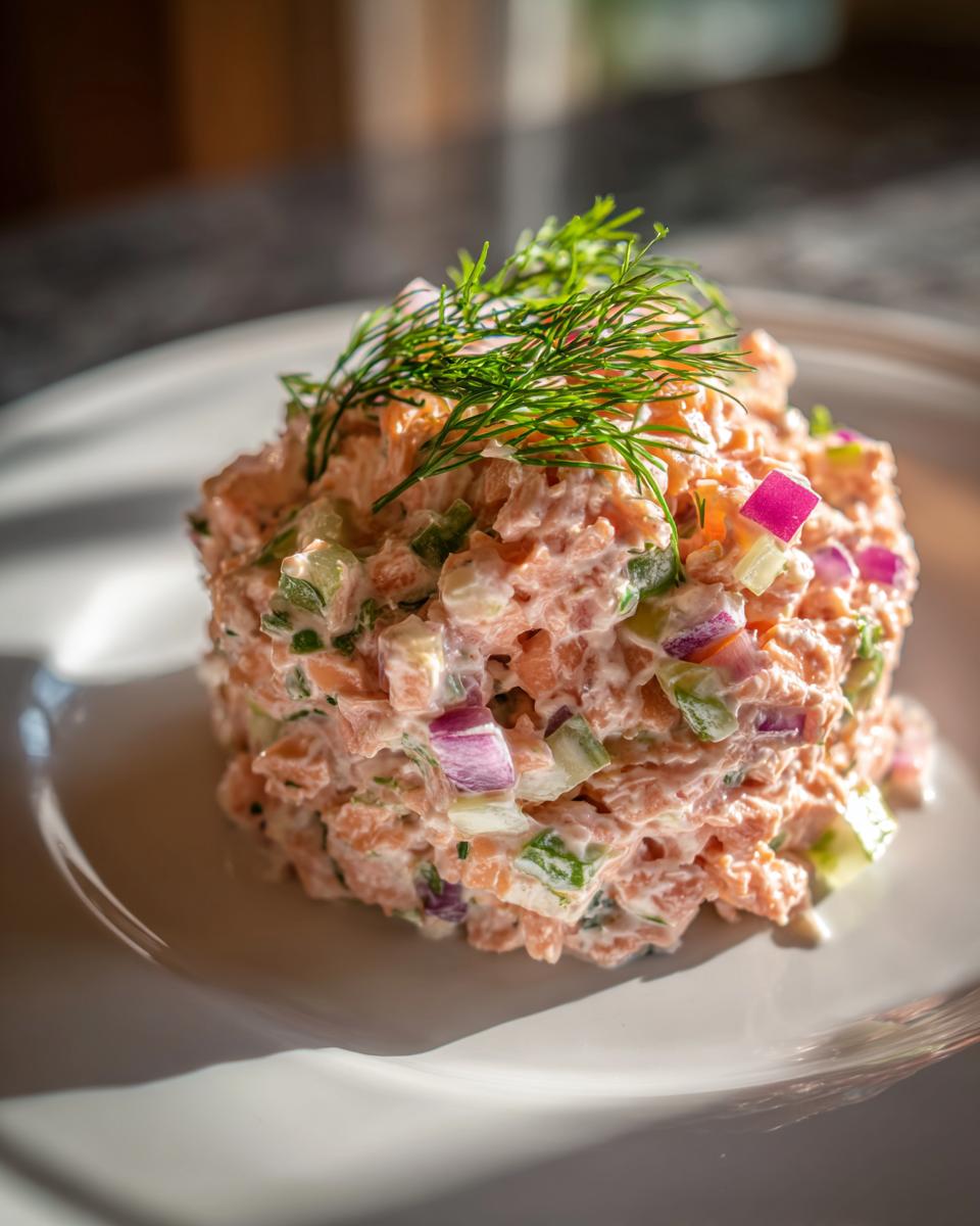 A molded portion of creamy salmon salad mixed with diced red onion and celery, topped with fresh dill.