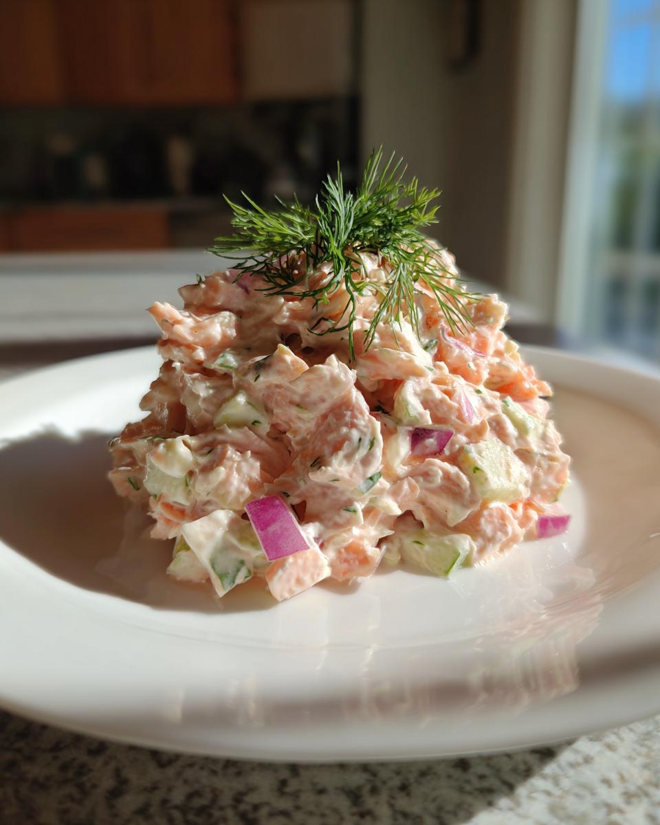 A mound of creamy salmon salad with visible chunks of cucumber and red onion, topped with fresh dill.