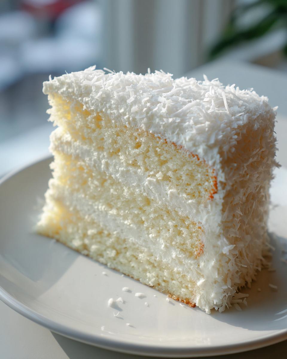 A close-up slice of a moist, three-layer coconut cake recipe covered in white frosting and shredded coconut.