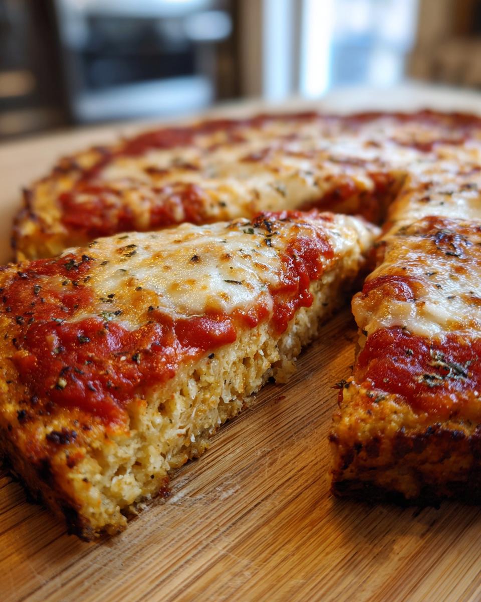 A thick slice of delicious keto pizza crust topped with marinara sauce and melted mozzarella cheese, sitting on a wooden board.