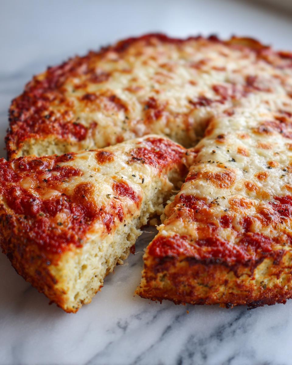 Close-up of a baked keto pizza crust topped with tomato sauce and melted mozzarella cheese, with one slice pulled away.