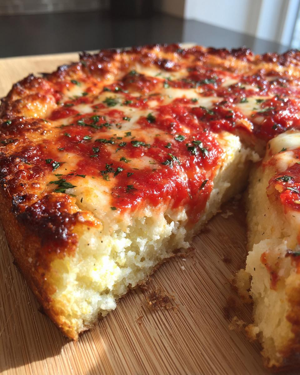 Close-up of a thick slice of keto pizza crust topped with melted cheese and tomato sauce.