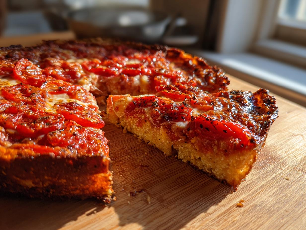A thick slice of deep-dish style keto pizza crust topped with melted cheese and bright red tomato slices.