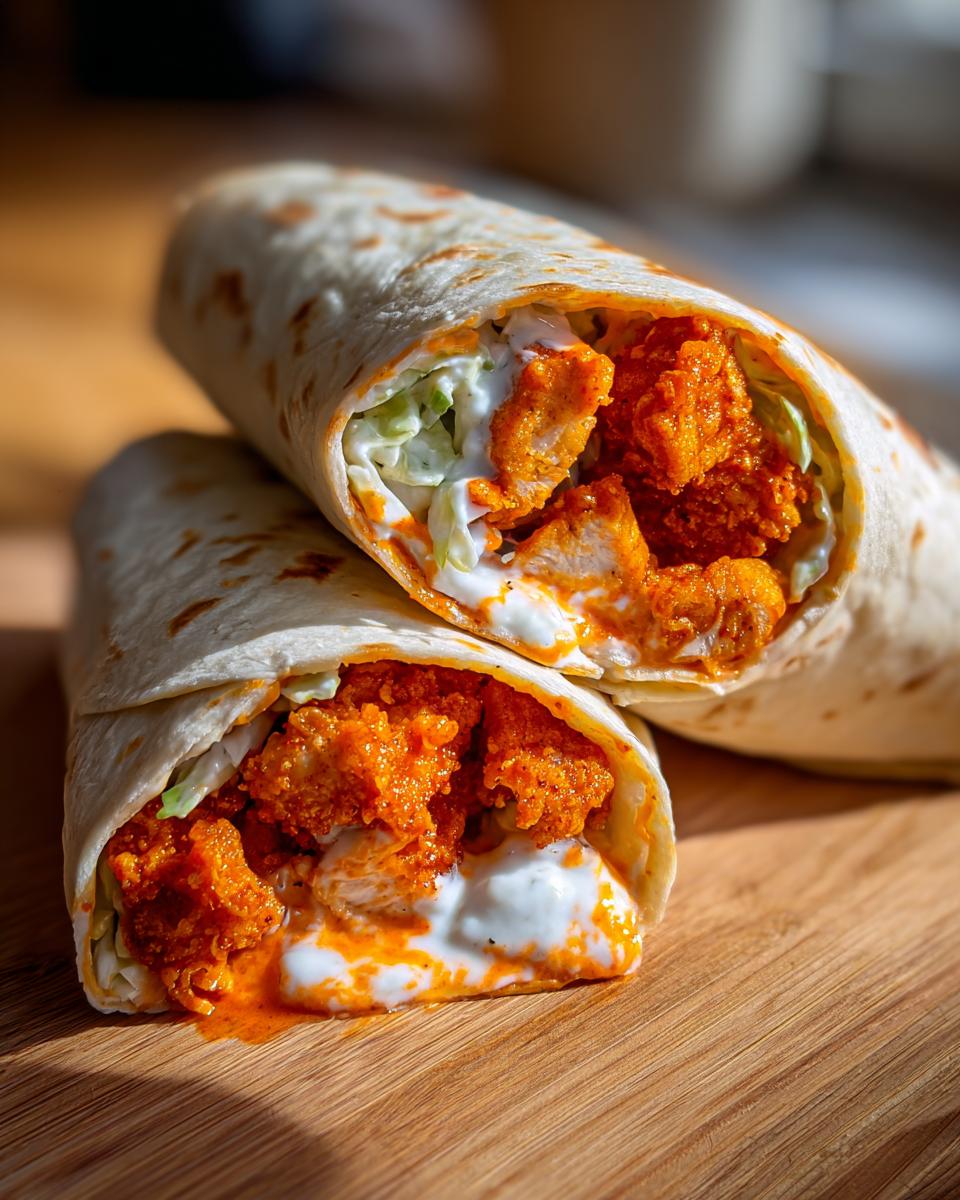 Two halves of a delicious buffalo chicken wrap showing crispy orange chicken, lettuce, and creamy sauce.