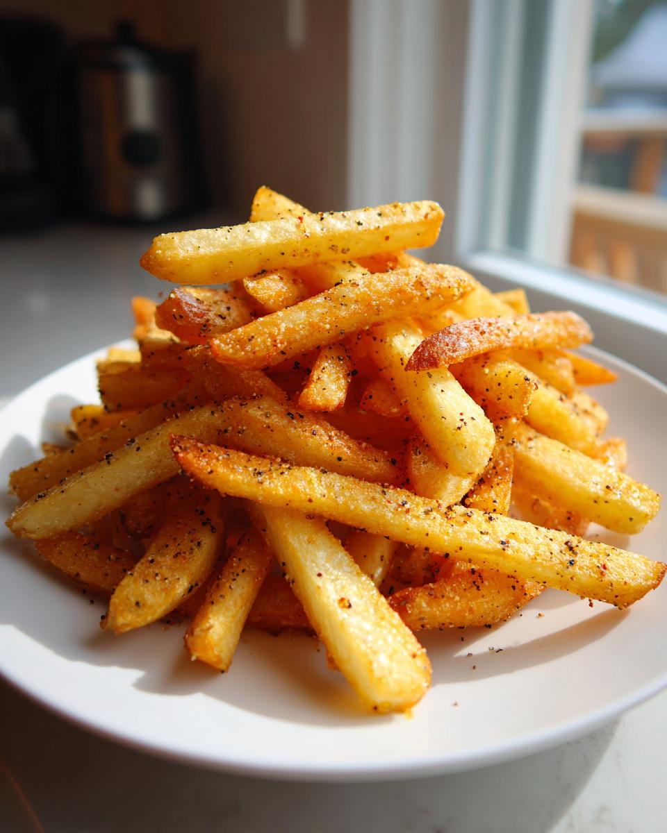 A tall pile of golden, crispy air fryer french fries seasoned heavily with black pepper on a white plate.