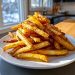 A tall pile of golden, crispy air fryer french fries heavily seasoned with black pepper on a white plate.