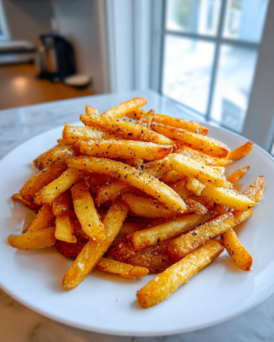 A close-up shot of a white plate piled high with golden, crispy air fryer french fries seasoned heavily with salt and black pepper.