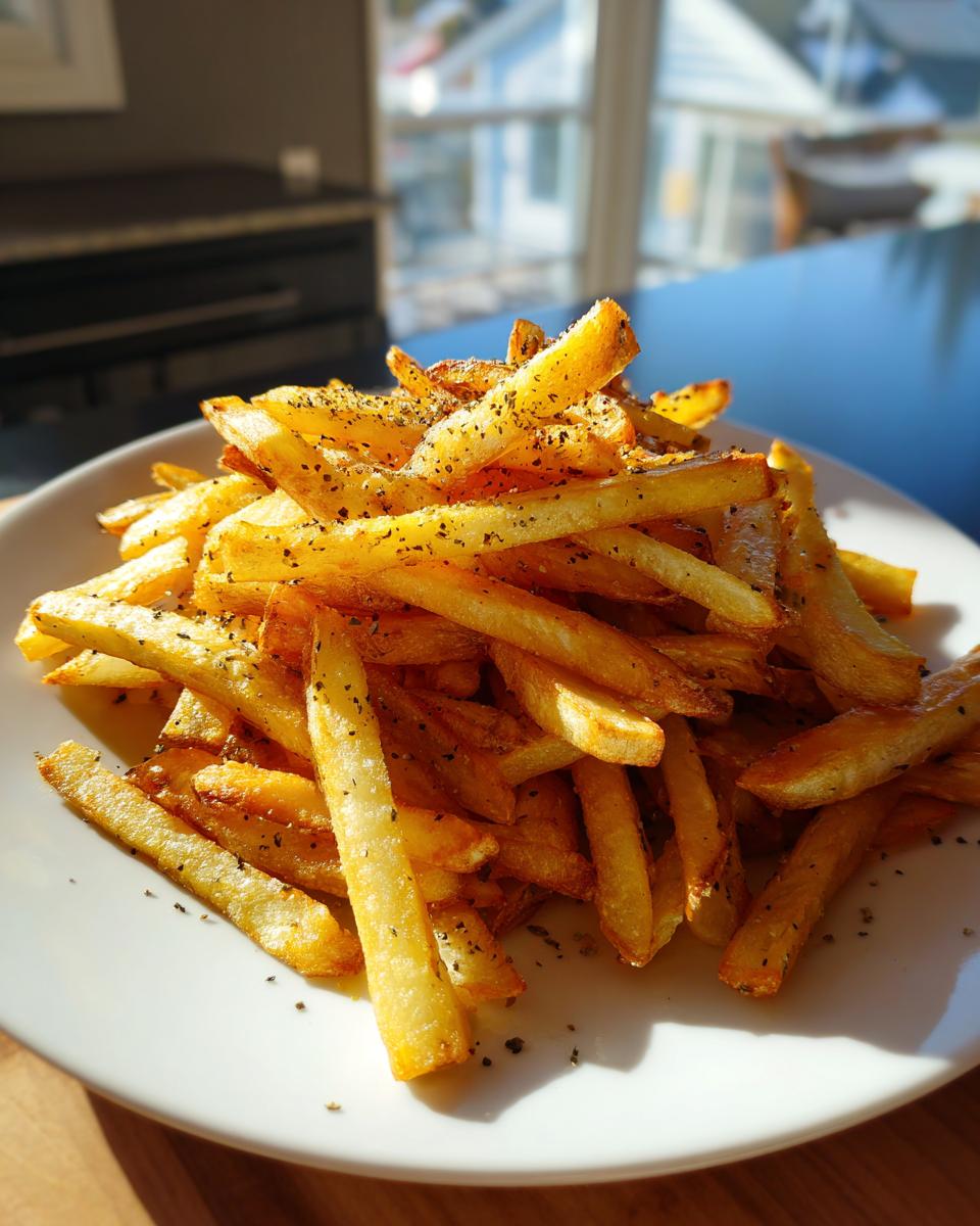 A close-up of a generous serving of golden, crispy air fryer french fries seasoned with black pepper on a white plate.