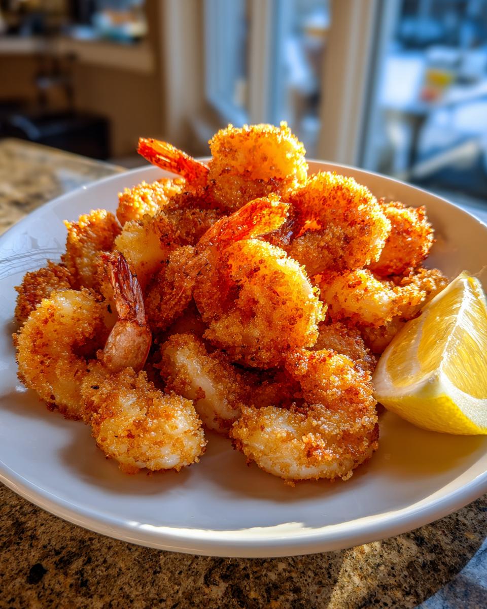 A white bowl filled with golden brown, crispy air fryer frozen shrimp, served with a fresh lemon wedge.