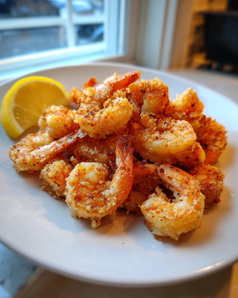 A pile of golden, crispy air fryer frozen shrimp served on a white plate with a fresh lemon wedge.