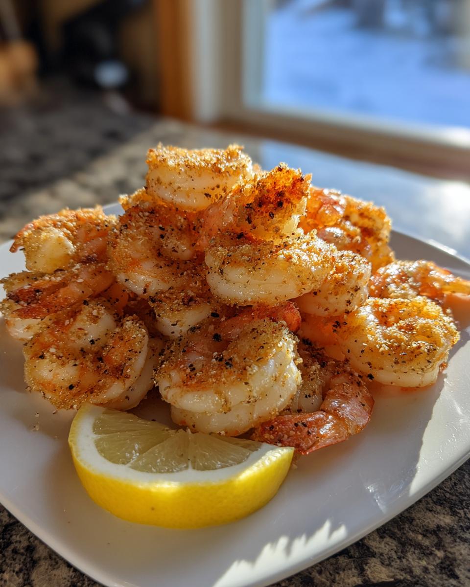 A plate piled high with crispy, seasoned air fryer frozen shrimp served with a bright lemon wedge.