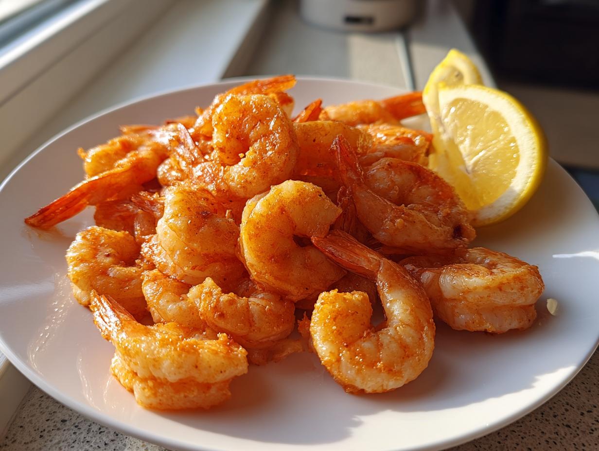 A pile of perfectly cooked, seasoned air fryer frozen shrimp served on a white plate with a lemon wedge.