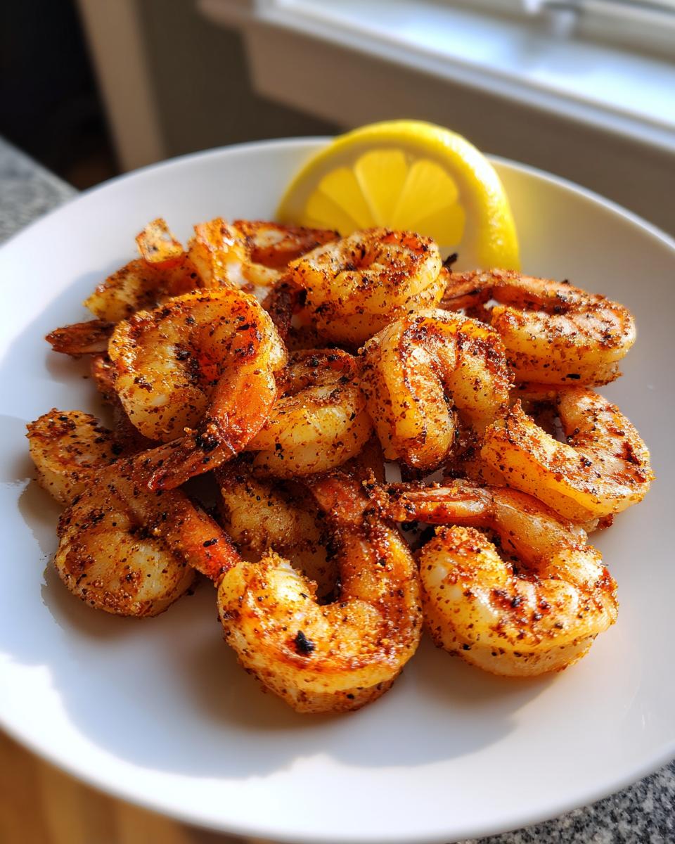 A plate of perfectly cooked, seasoned air fryer frozen shrimp garnished with a bright lemon wedge.