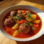 A close-up of a white bowl filled with rich, red broth albondigas soup, featuring meatballs, potatoes, and carrots, topped with cilantro.