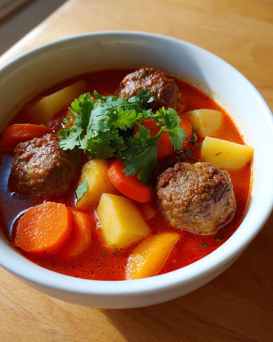 Close-up of a white bowl filled with rich, red Albondigas soup featuring meatballs, potatoes, carrots, and fresh cilantro.