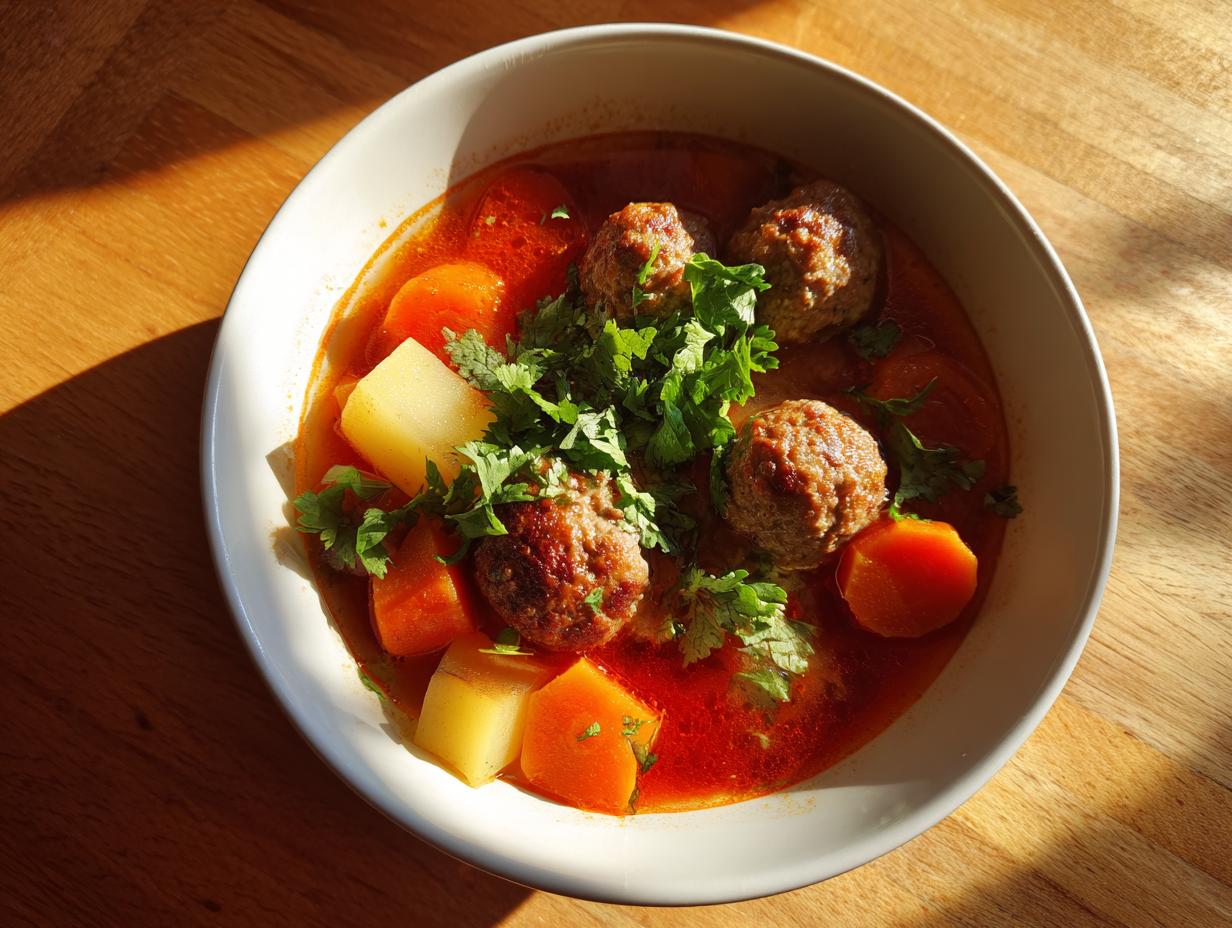 A close-up overhead shot of a white bowl filled with vibrant red Albondigas soup, featuring meatballs, potatoes, carrots, and fresh cilantro.