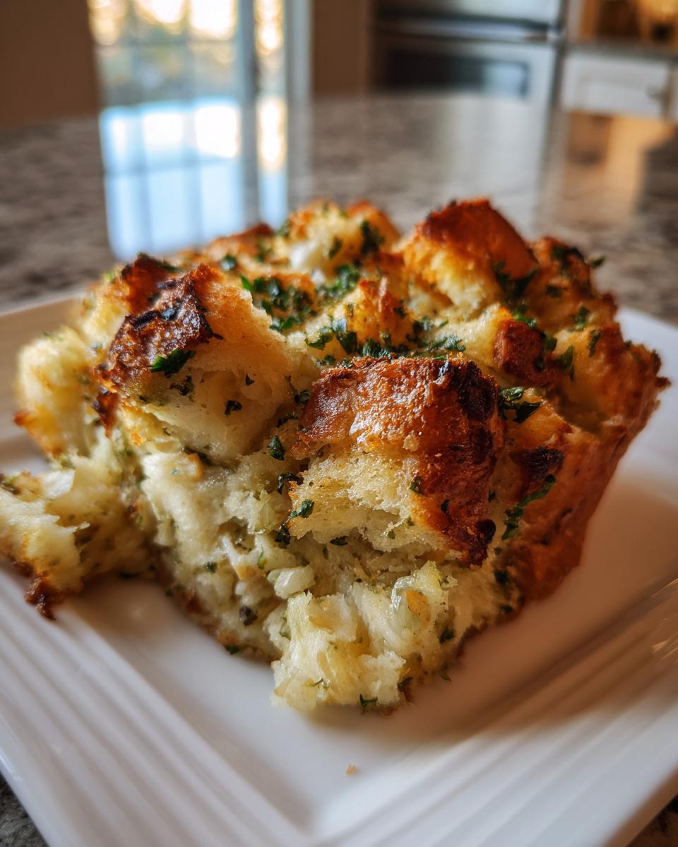 Close-up of a golden-brown square serving of homemade stuffing, topped with fresh parsley.