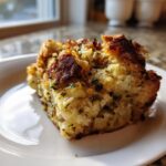 A close-up, tasty shot of a square piece of homemade stuffing with crispy brown edges and visible herbs.
