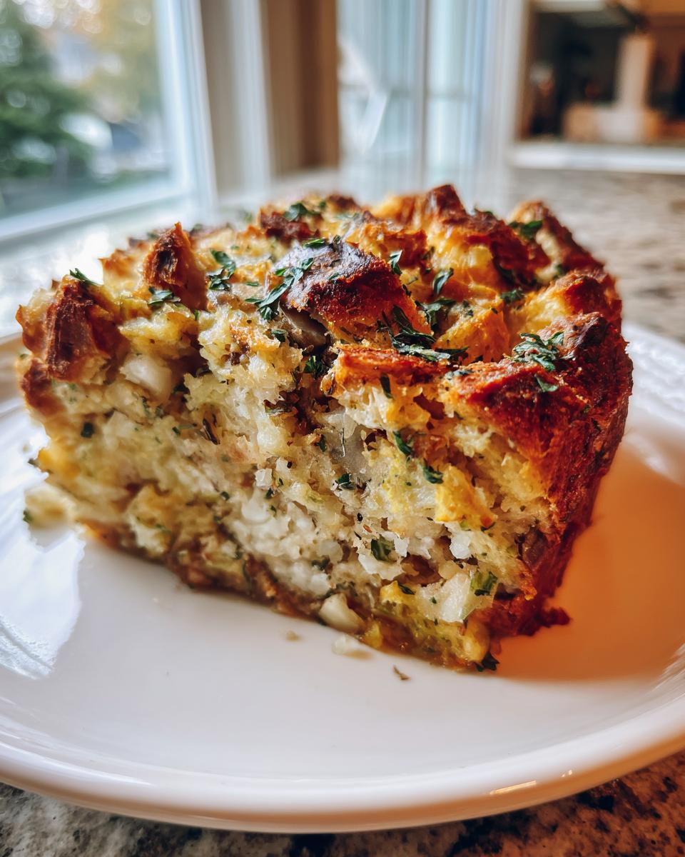 A square slice of savory homemade stuffing with a golden-brown, crispy top, garnished with parsley.