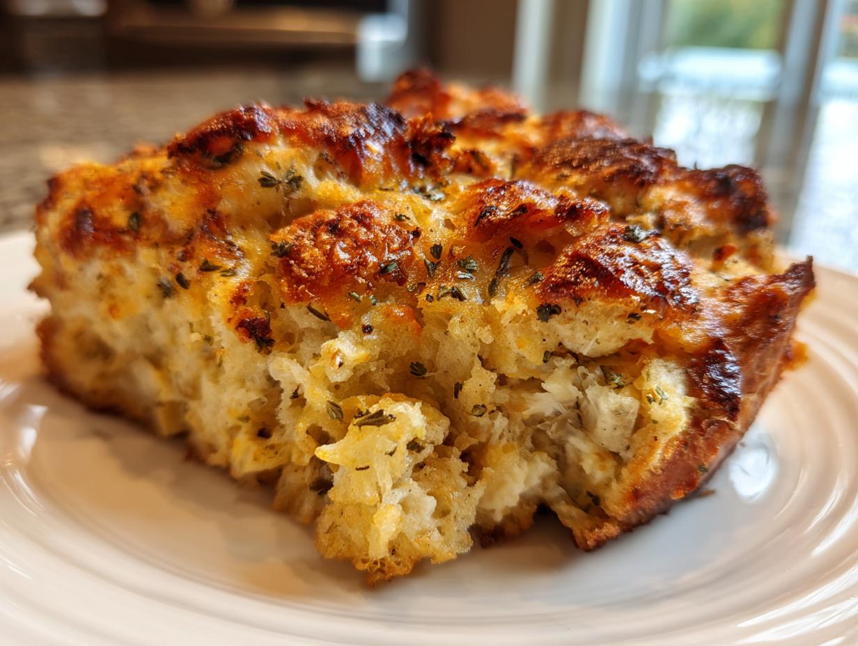 Close-up of a golden-brown, savory slice of homemade stuffing on a white plate.