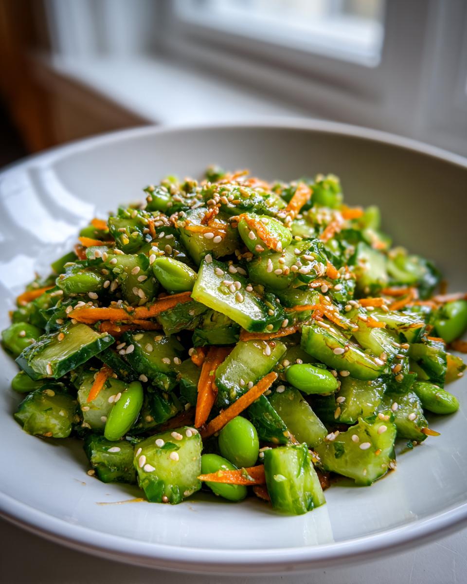 A close-up of a vibrant edamame salad featuring chunks of cucumber, shredded carrots, and topped with sesame seeds.