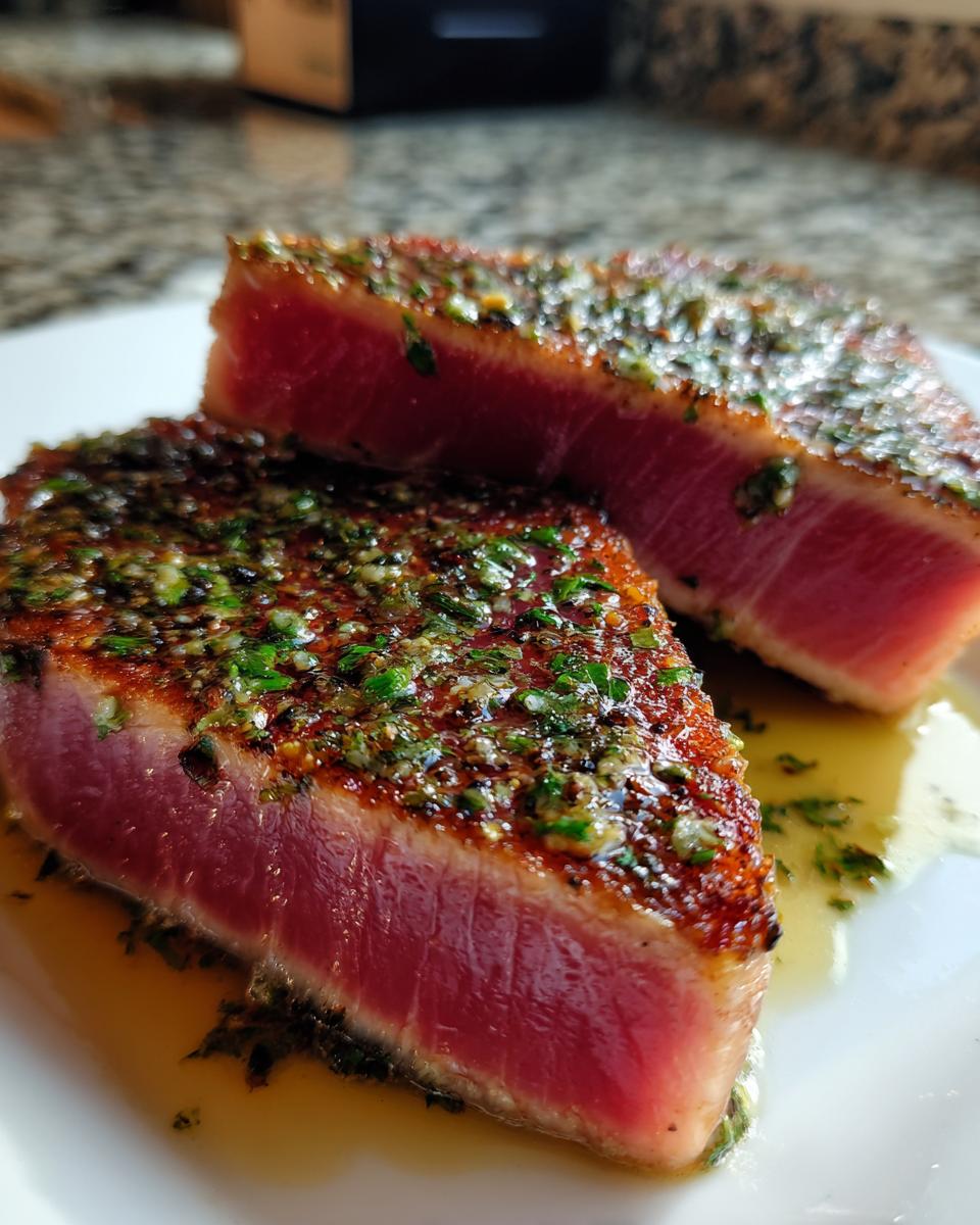 Two thick slices of perfectly seared tuna steak, rare in the center, topped with a green herb crust.