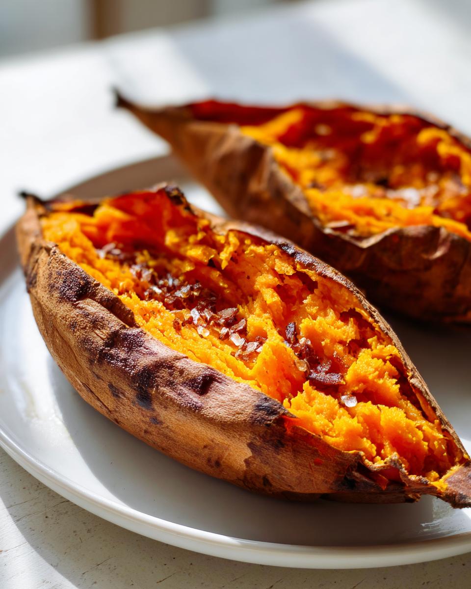 Close-up of a perfectly baked sweet potato split open, showing fluffy orange flesh topped with flaky sea salt.