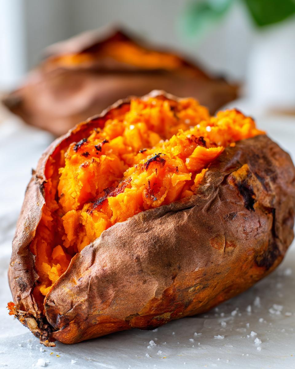 Close-up of a perfectly baked sweet potato split open, revealing fluffy, bright orange flesh sprinkled with sea salt.